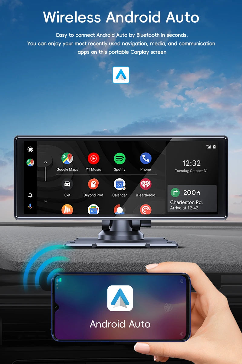 Wireless Android Auto system with smartphone connection and car dashboard display.