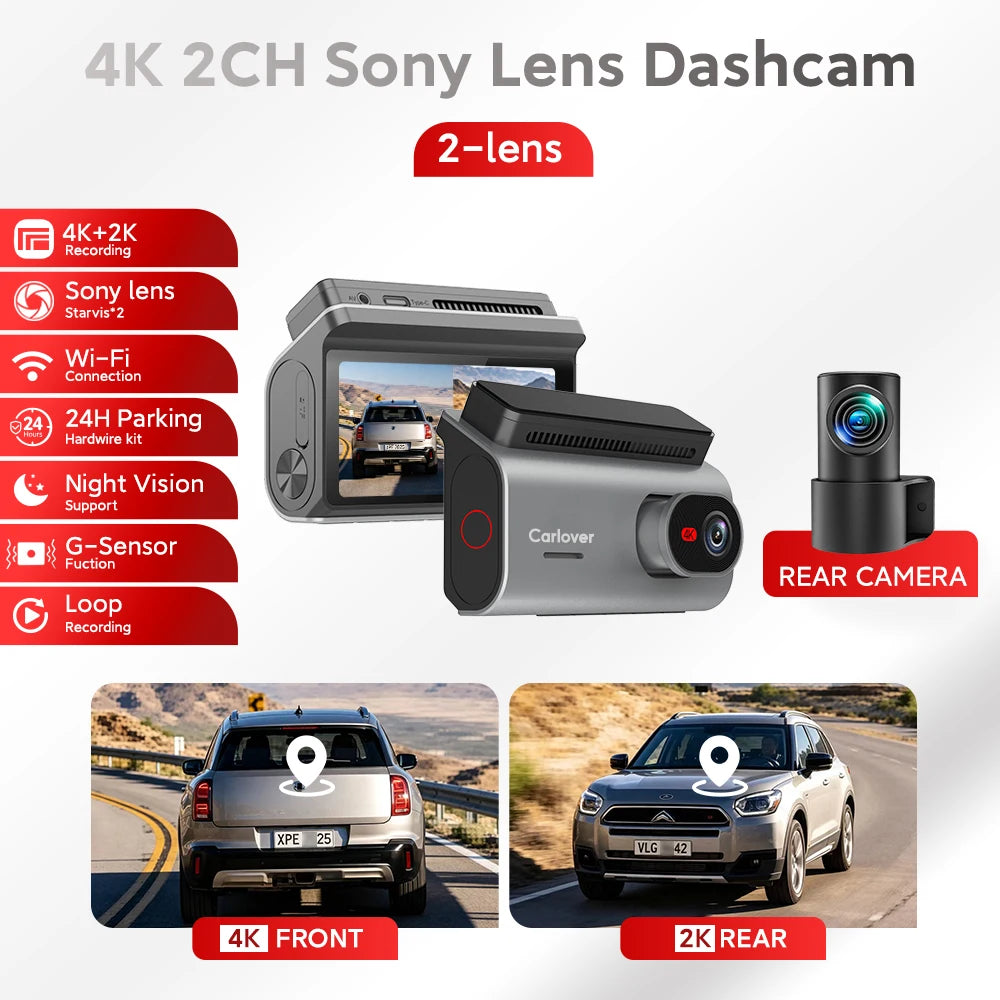 Car dashcam product listing graphic showing a 2-lens Sony lens dashcam setup: a rear-facing dashcam unit, a front-facing unit with screen, and a rear camera module. Text highlights features including 4K 2CH Sony lens dashcam, 2-lens, 4K+2K recording, Sony lens Star*2, Wi-Fi Connection, 360° Parking aid, 24H Night Vision, G-Sensor Fusion, Loop Recording.