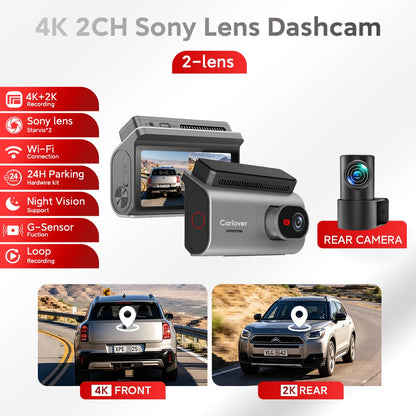 Car dashcam product listing graphic showing a 2-lens Sony lens dashcam setup: a rear-facing dashcam unit, a front-facing unit with screen, and a rear camera module. Text highlights features including 4K 2CH Sony lens dashcam, 2-lens, 4K+2K recording, Sony lens Star*2, Wi-Fi Connection, 360° Parking aid, 24H Night Vision, G-Sensor Fusion, Loop Recording.