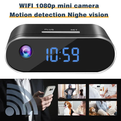 Digital clock with camera and motion detection features, showing time and video feed on screen.