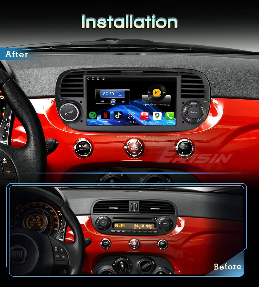 Car stereo installation comparison showing a touchscreen head unit mounted in a red and black Fiat dashboard, with an 'After' view on the main image and a smaller 'Before' view inset at the bottom.