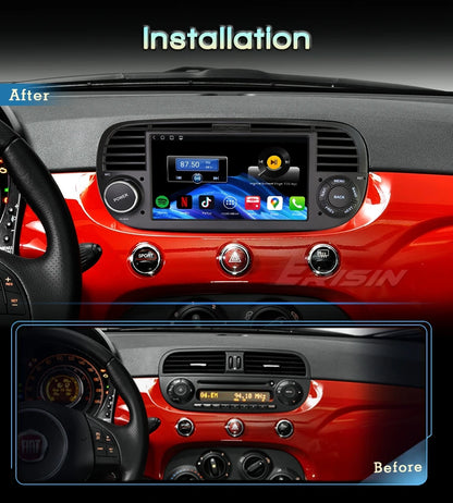 Car stereo installation comparison showing a touchscreen head unit mounted in a red and black Fiat dashboard, with an 'After' view on the main image and a smaller 'Before' view inset at the bottom.