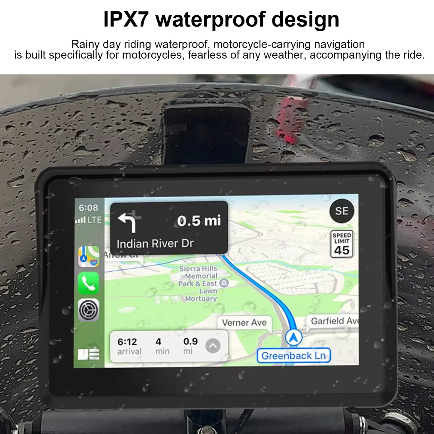 A GPS navigation screen mounted on a motorcycle dashboard in the rain, with text at the top reading 'IPX7 waterproof design' and descriptive copy about rainy day riding waterproofing.