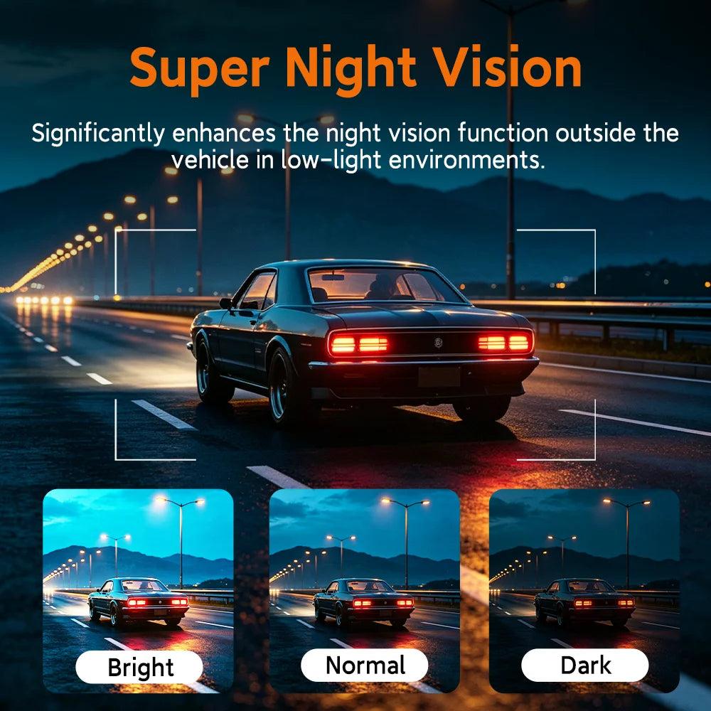 Promotional graphic for a vehicle night vision product, showing a dark car on a highway at night with large text reading 'Super Night Vision' and three smaller comparison panels labeled Bright, Normal, and Dark.