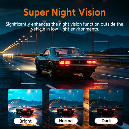 Promotional graphic for a vehicle night vision product, showing a dark car on a highway at night with large text reading 'Super Night Vision' and three smaller comparison panels labeled Bright, Normal, and Dark.