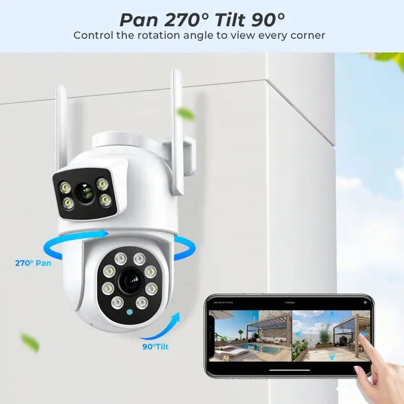 Outdoor security camera with 270-degree pan and 90-degree tilt, displayed with a smartphone app on a white background.