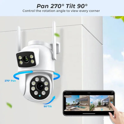 Outdoor security camera with 270-degree pan and 90-degree tilt, displayed with a smartphone app on a white background.