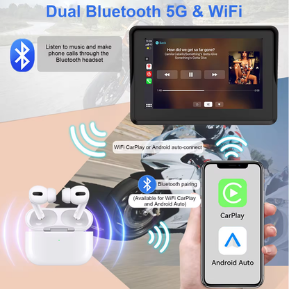 A promotional composite showing a dual Bluetooth 5G & WiFi earbud charging case, a smartphone displaying CarPlay and Android Auto interfaces, and a motorcycle in the background with wireless connection graphics. Text highlights Bluetooth pairing, music playback through the headset, and compatibility with phone calls, Wi-Fi CarPlay, and Android Auto.