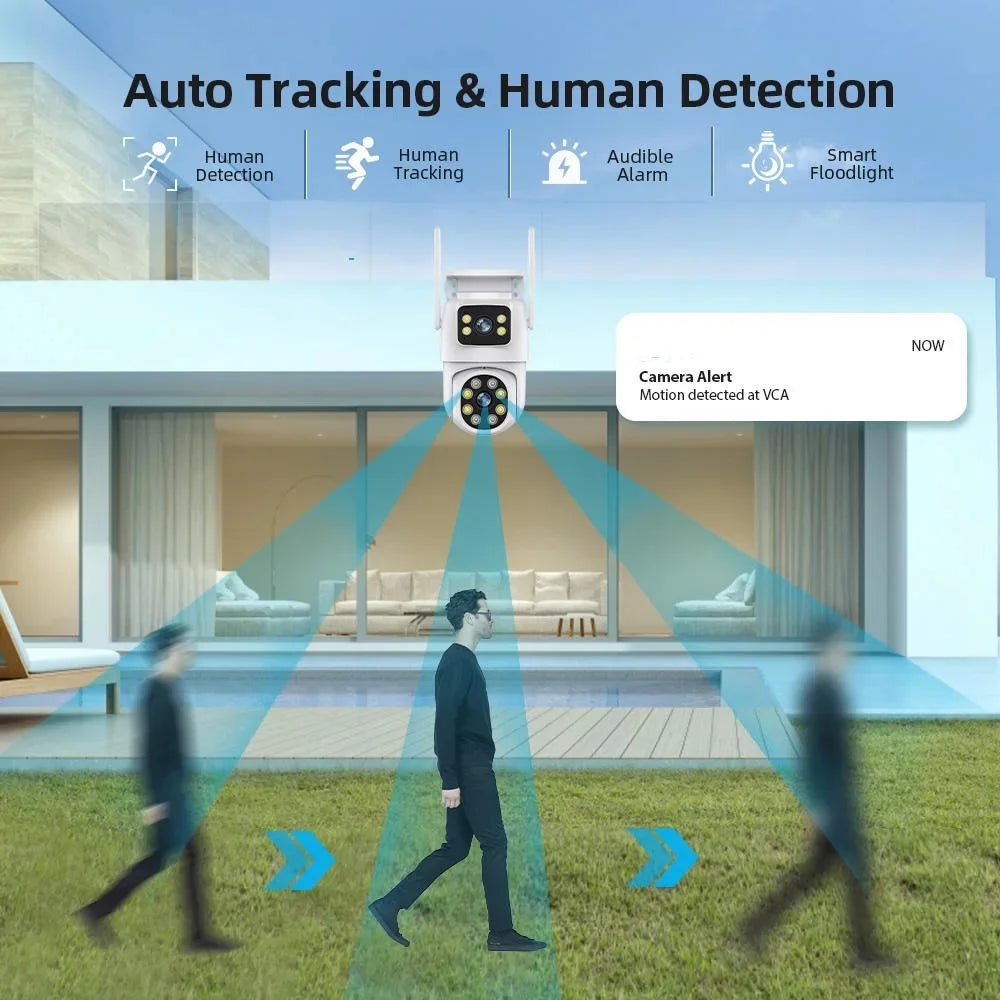 Smart home security system with auto tracking and human detection features, shown in a residential setting.
