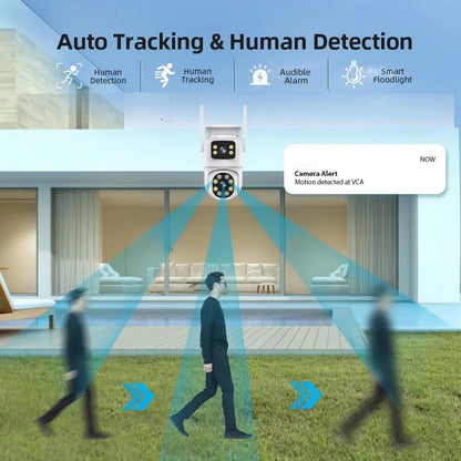 Smart home security system with auto tracking and human detection features, shown in a residential setting.