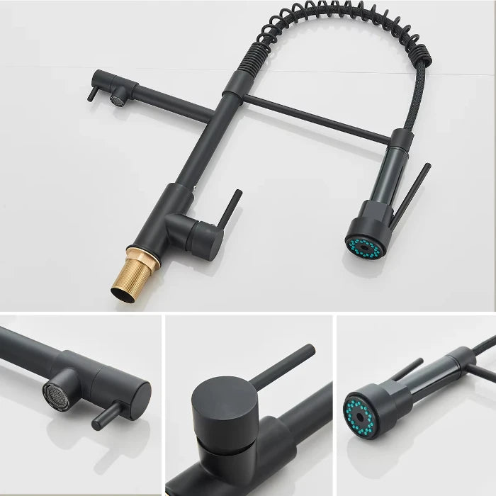 Black kitchen faucet with flexible hose on a white background