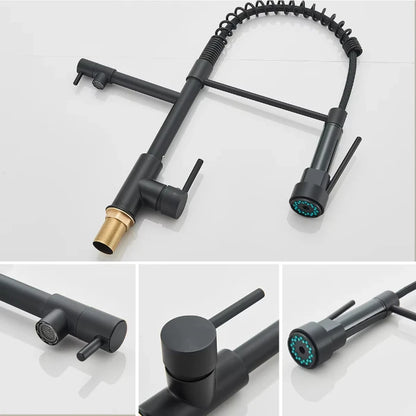 Black kitchen faucet with flexible hose on a white background