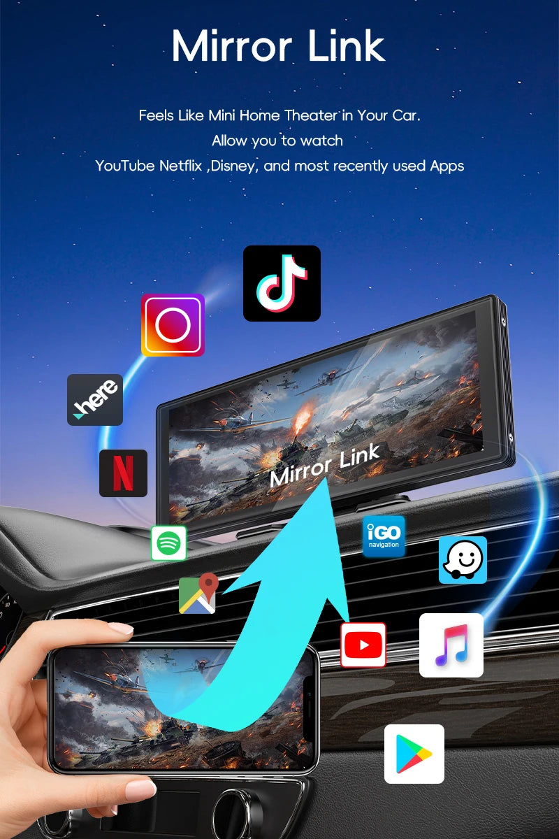 Car mirror link system with smartphone and car screen displaying apps like YouTube, Netflix, and TikTok.