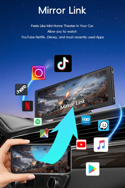 Car mirror link system with smartphone and car screen displaying apps like YouTube, Netflix, and TikTok.