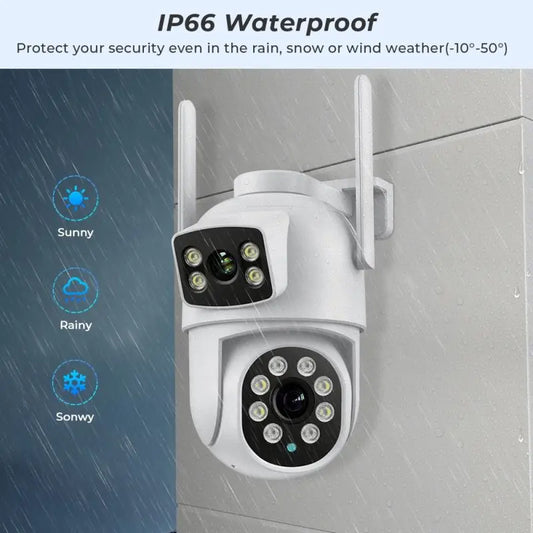 IP66 waterproof security camera on a gray surface with weather icons indicating outdoor use.