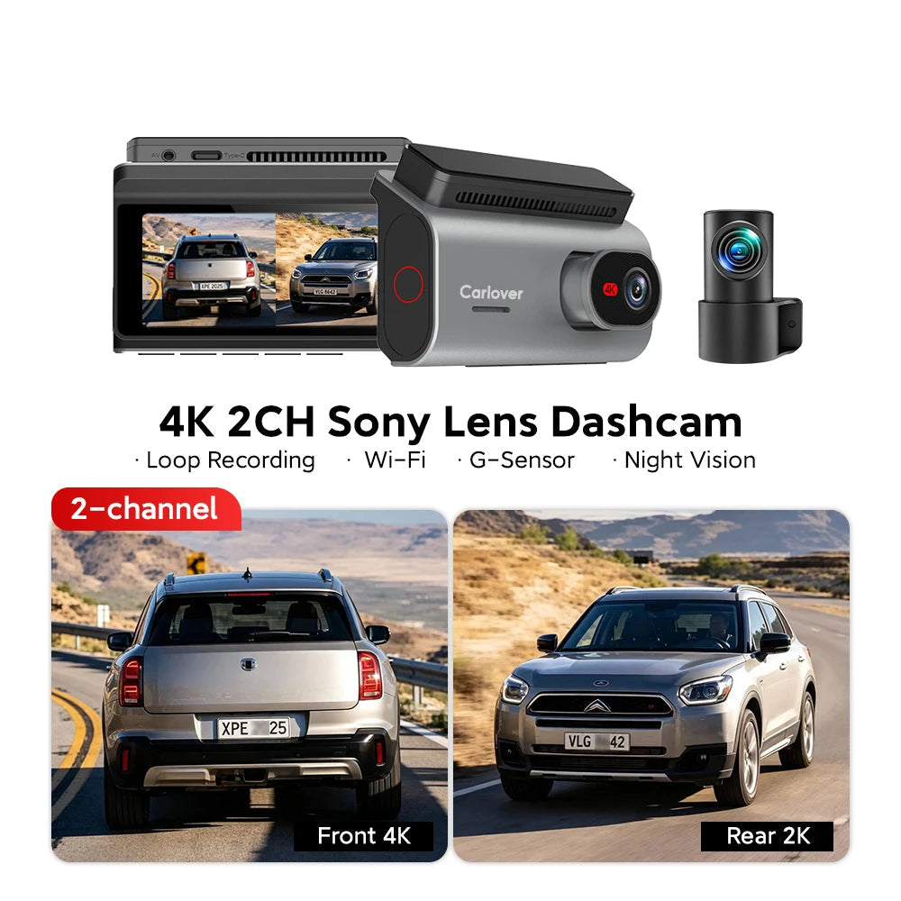 Car dashboard camera kit shown on a white background with feature text and two inset car photos demonstrating front and rear 4K video output. The main product appears to be a silver and black dash cam with a rear screen and a separate black rear camera module.