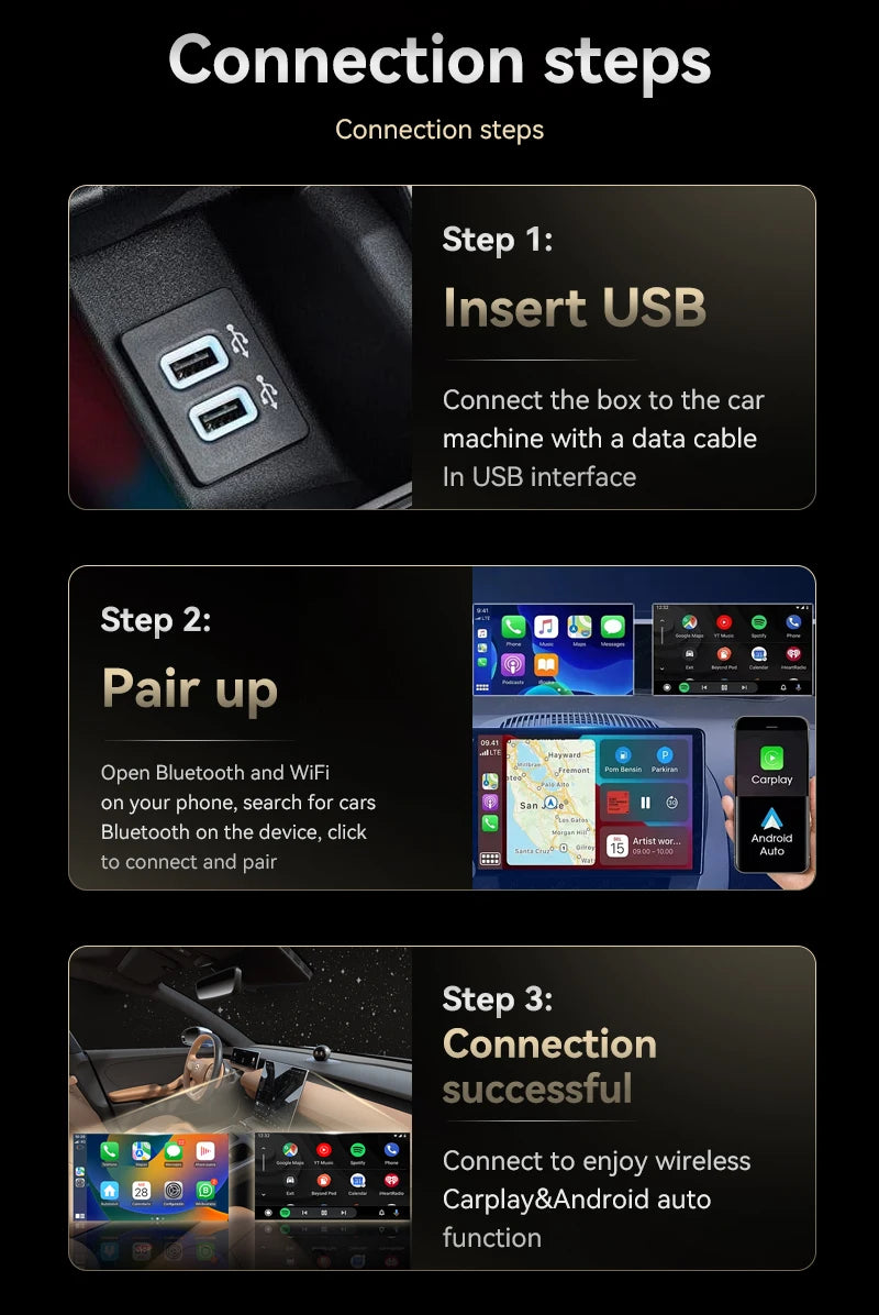 Step-by-step guide on connecting a device to a car with images and text.