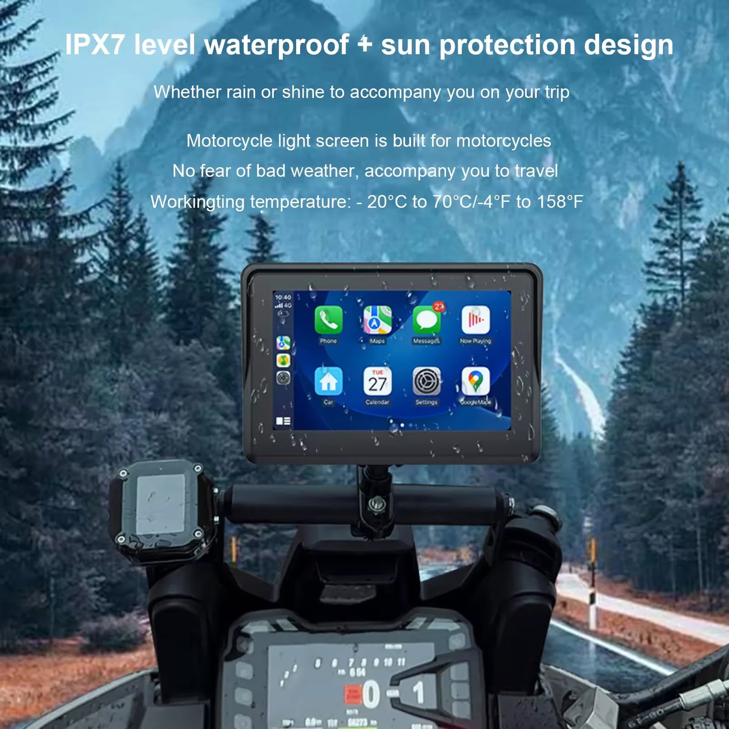 IPX7 level waterproof motorcycle light screen displaying a smartphone app interface, mounted on a motorcycle dashboard with a forest road background and promotional text overlay.