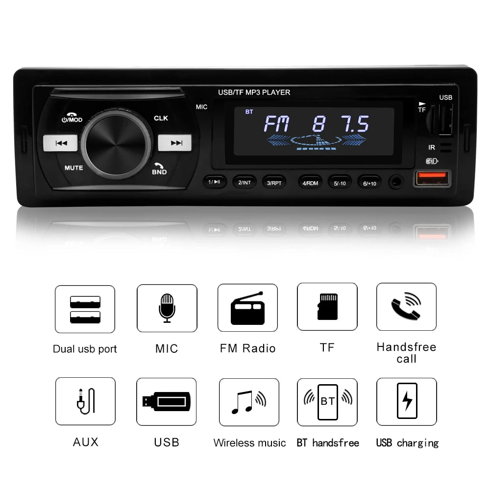 Black car stereo headunit with a digital display screen and control buttons, shown above an icon grid listing features such as dual USB port, MIC, FM Radio, TF, Handsfree call, AUX, USB, wireless music, BT handsfree, and USB charging.