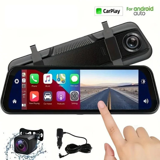 Car dashboard camera with touchscreen display and CarPlay compatibility.