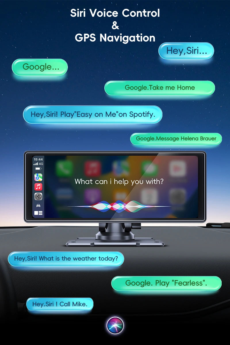 Smart home device with Siri voice control and GPS navigation interface on a dark background