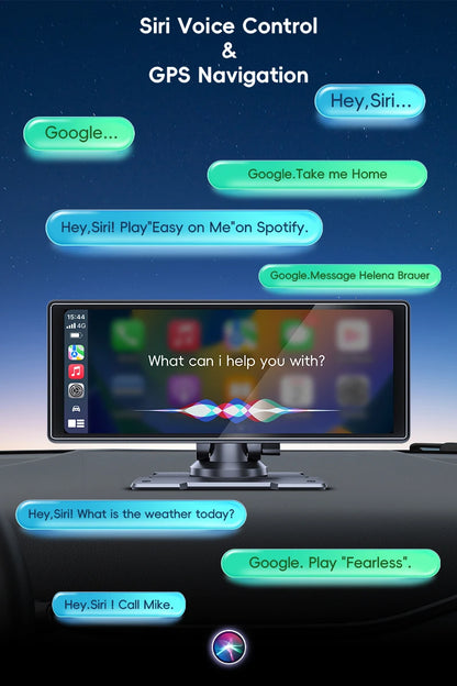 Smart home device with Siri voice control and GPS navigation interface on a dark background