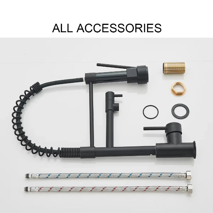 Collection of bicycle accessories including a pump, hoses, and connectors on a white background.