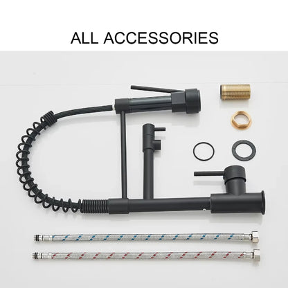 Collection of bicycle accessories including a pump, hoses, and connectors on a white background.