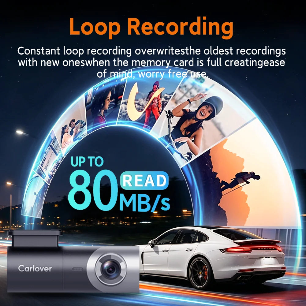 Carlover loop recording dash cam shown in a promotional graphic with a white car, a large circular collage of action scenes, and text claiming up to 80 read MB/s and constant loop recording.