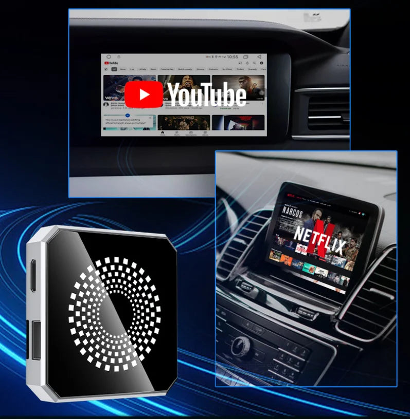 A car stereo touchscreen adapter or bezel replacement kit shown in a collage: one inset shows the screen integrated into a dashboard with YouTube displayed, one inset shows the screen mounted in a car console with Netflix displayed, and a large front view shows a square black-and-silver device with a circular white dot pattern on the face.