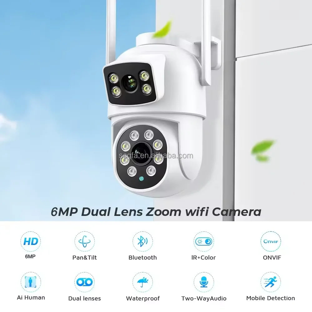 8MP Dual Lens Zoom WiFi Camera with features listed on a blue background