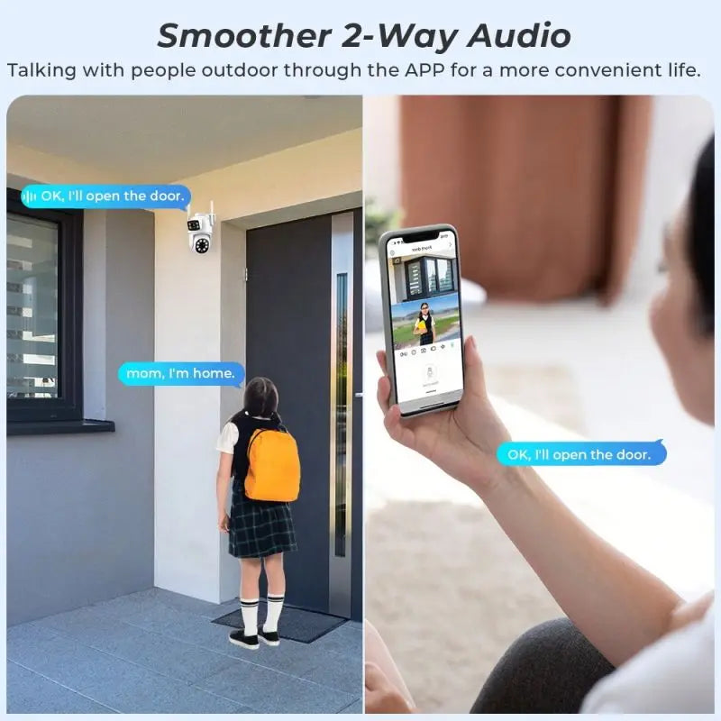 Person using a doorbell camera and smartphone app for two-way audio communication.