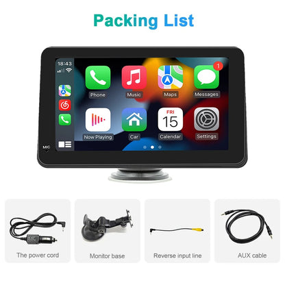 Car monitor with app icons on screen and packaging list items below