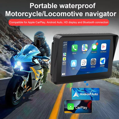Portable waterproof motorcycle/locomotive navigator display shown in front view with a black bezel and colorful screen, overlaid on a background of a motorcyclist on a road. Text at the top reads 'Portable waterproof Motorcycle/Locomotive navigator' and compatibility mentions Apple CarPlay, Android Auto, HD display, and Bluetooth connection.