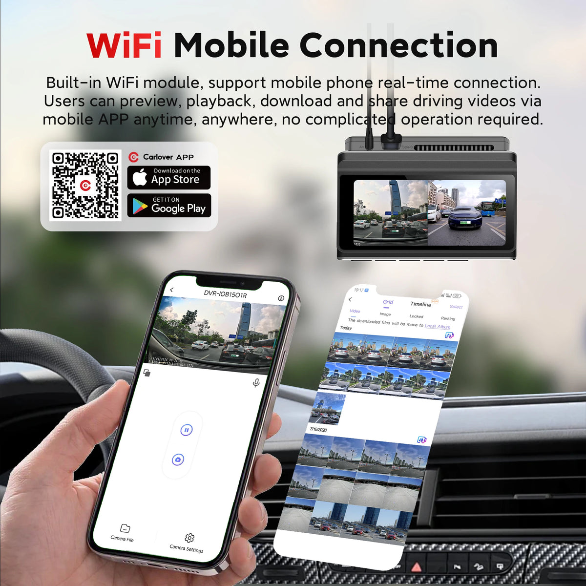 WiFi Mobile Connection product demonstration showing a car dashcam with a built-in WiFi module, a hand holding a smartphone displaying the mobile app, and a second phone showing recorded driving video screenshots. Text explains real-time mobile phone connection and app playback, with app store badges for CarFinder, App Store, and Google Play.