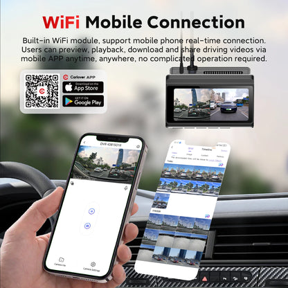 WiFi Mobile Connection product demonstration showing a car dashcam with a built-in WiFi module, a hand holding a smartphone displaying the mobile app, and a second phone showing recorded driving video screenshots. Text explains real-time mobile phone connection and app playback, with app store badges for CarFinder, App Store, and Google Play.