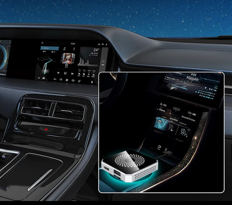 A car interior dashboard and center console are shown, with an inset close-up highlighting a small white rectangular device placed on the console. The device has a circular vent-like top and glowing blue LED lighting around it, suggesting an automotive accessory or console organizer.