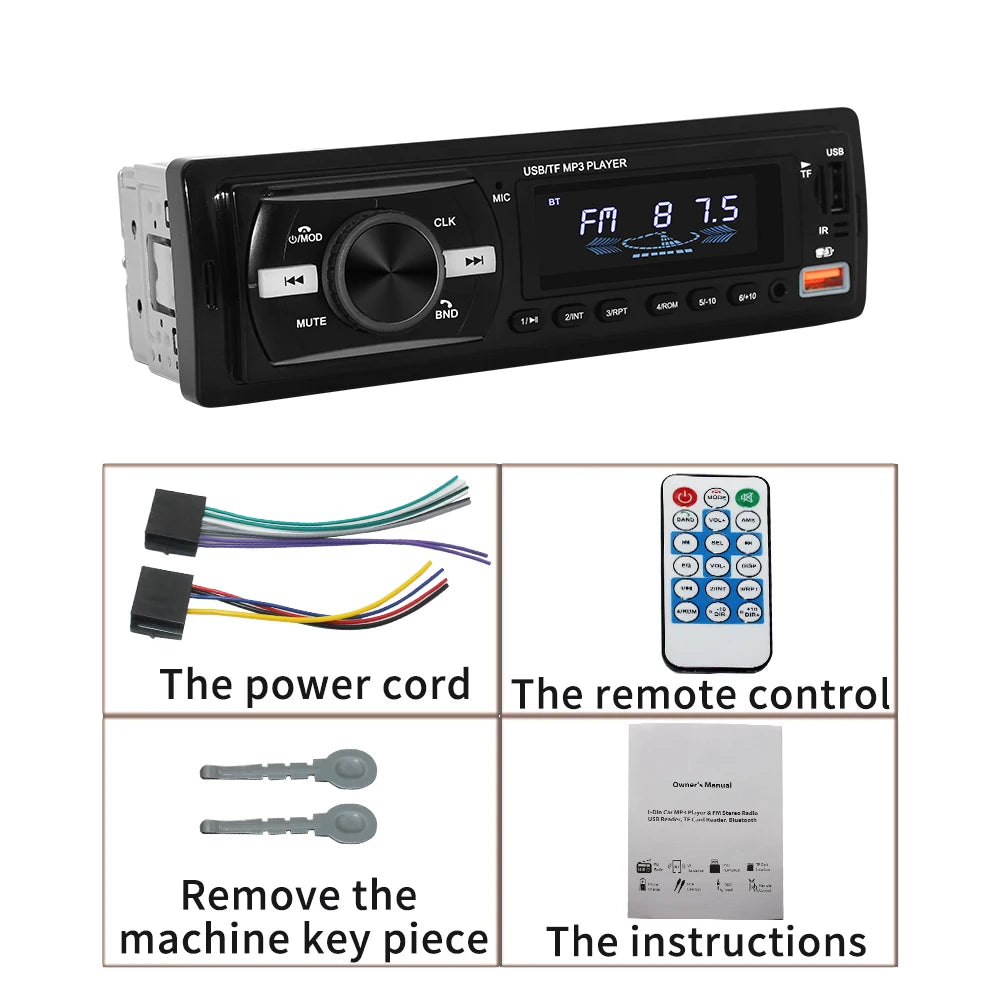 Car stereo headunit radio receiver shown with included accessories: power cord, remote control, key removal tool, and instruction manual on a white background.