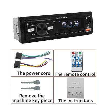 Car stereo headunit radio receiver shown with included accessories: power cord, remote control, key removal tool, and instruction manual on a white background.