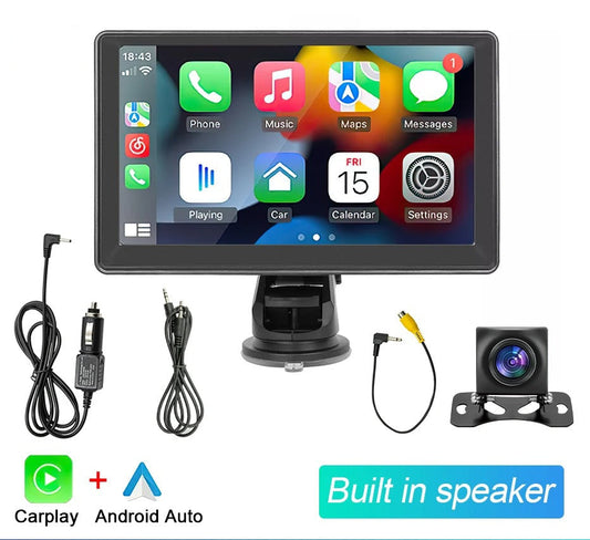 Car multimedia system with screen, cables, and camera on a white background