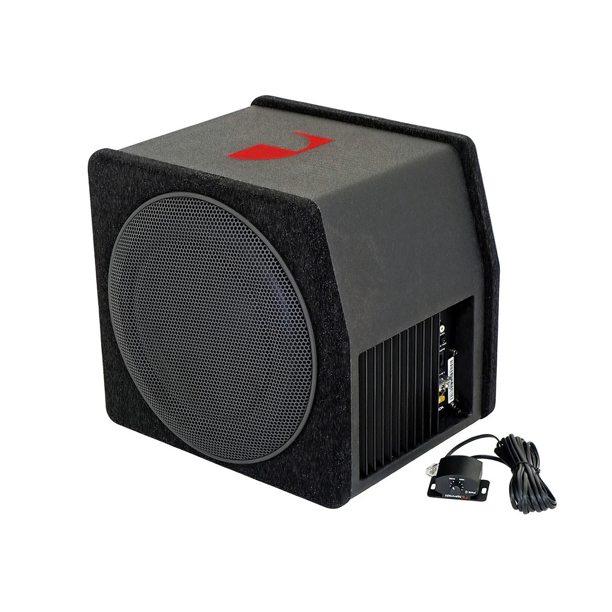 A black car audio subwoofer speaker box with a red logo on top, shown with its power cable and terminal adapter on a white background.