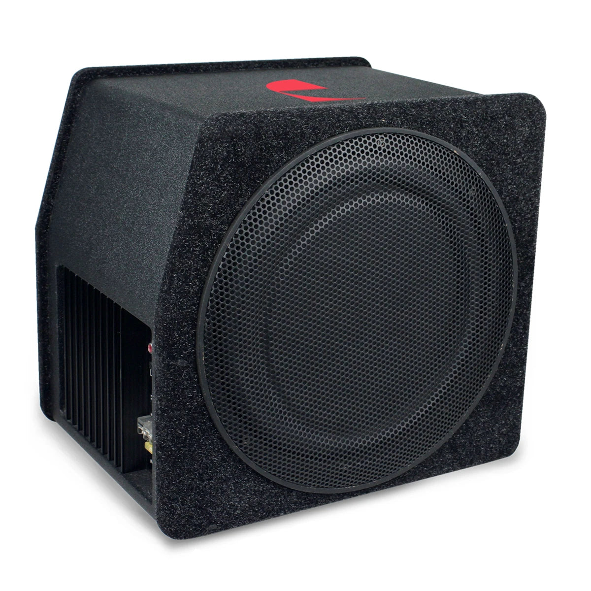 A black car audio subwoofer enclosure with a textured foam cover, a large circular speaker grille, and a red logo on the top, shown on a white background.