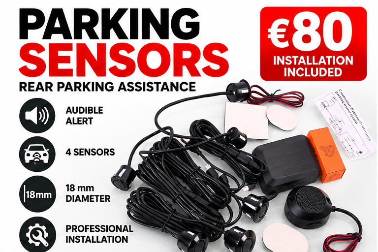 Rear parking sensors kit with four black wired sensors, a black receiver module, white adhesive pads, an orange connector box, and a small speaker, shown on a white background with promotional text reading 'Parking Sensors', 'Rear Parking Assistance', 'Audible Alert', '4 Sensors', '18mm Diameter', and 'Professional Installation'.