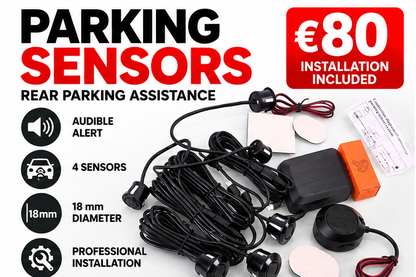 Rear parking sensors kit with four black wired sensors, a black receiver module, white adhesive pads, an orange connector box, and a small speaker, shown on a white background with promotional text reading 'Parking Sensors', 'Rear Parking Assistance', 'Audible Alert', '4 Sensors', '18mm Diameter', and 'Professional Installation'.