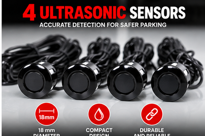 Four black ultrasonic parking sensors shown in a row with coiled black cables behind them. Large text at the top reads '4 ULTRASONIC SENSORS' and 'ACCURATE DETECTION FOR SAFER PARKING.