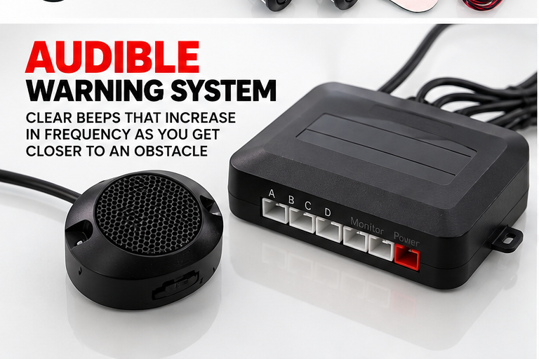 Audible warning system with a black speaker and a black control box on a white background, featuring promotional text about clear beeps that increase in frequency as you get closer to an obstacle.
