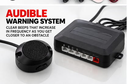 Audible warning system with a black speaker and a black control box on a white background, featuring promotional text about clear beeps that increase in frequency as you get closer to an obstacle.