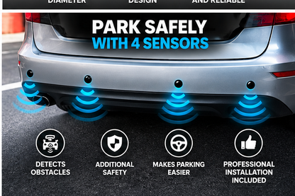 Promotional graphic for a car parking sensor system, showing the rear bumper of a silver car with four blue glowing sensor waves and text reading 'PARK SAFELY WITH 4 SENSORS' plus feature icons for obstacle detection, additional safety, easier parking, and professional installation.