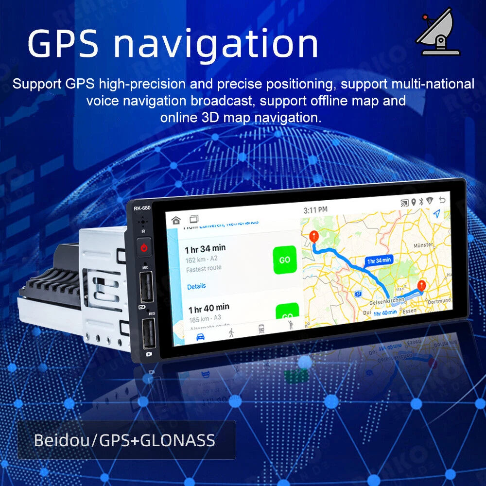 A car stereo head unit with a large touchscreen displaying a GPS map and navigation interface, shown with a GPS receiver module behind it on a blue digital background. Text reads 'GPS navigation' and 'Beidou/GPS+GLONASS'.