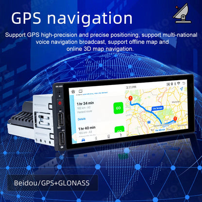 A car stereo head unit with a large touchscreen displaying a GPS map and navigation interface, shown with a GPS receiver module behind it on a blue digital background. Text reads 'GPS navigation' and 'Beidou/GPS+GLONASS'.